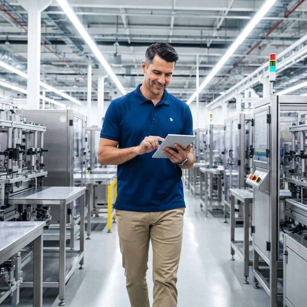 Manufacturing leader reviewing production data